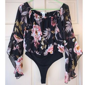 Black Floral Off Shoulder Bodysuit